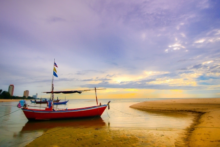 fishing boats at sea  At sunrise Hua Hin Thailandの写真素材