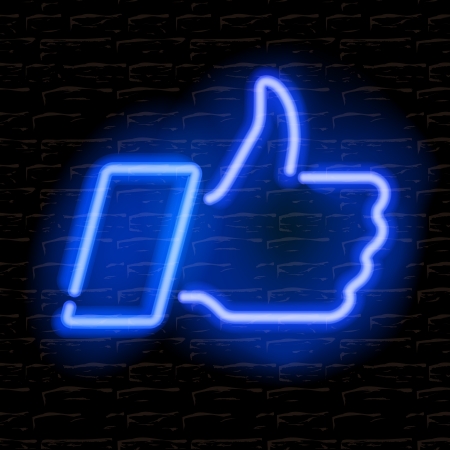 Neon Thumbs Up symbol on brick wall backgroundのイラスト素材
