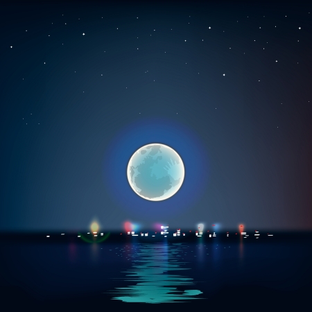 Full blue moon over cold night water, vector Eps10 illustration.のイラスト素材