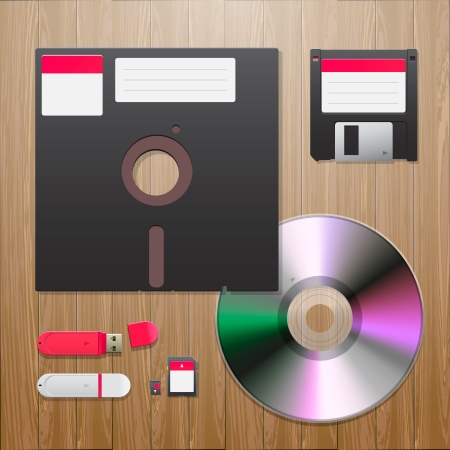 Digital data devices set on the wooden background, vector Eps10.のイラスト素材