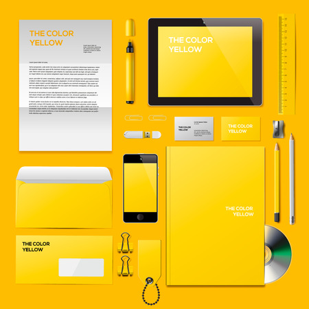 Yellow Corporate ID mockup. Consist of business cards, cd disk, notepad, pen, envelope, badge, stationery, usb flash drive, folder, tablet, smart phone, blank. Vector Eps10 illustration.のイラスト素材