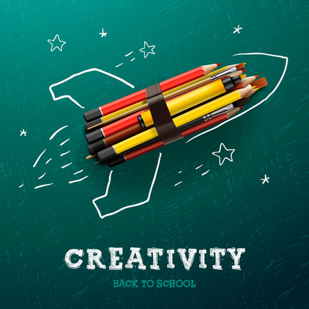 Creativity learning. Rocket ship launch with pencils - sketch on the blackboard, vector image.のイラスト素材