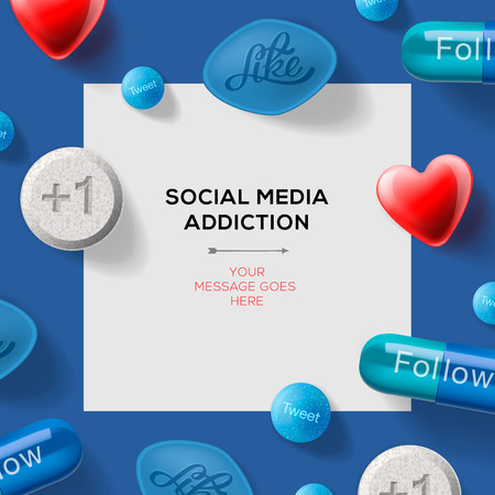  Social media addiction concept with pills headlines excuses reading like, follow etc. Vector illustration.のイラスト素材