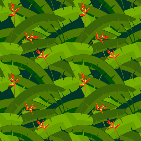 Tropical leaves of palm tree with red Heliconia flowers, seamless patternのイラスト素材