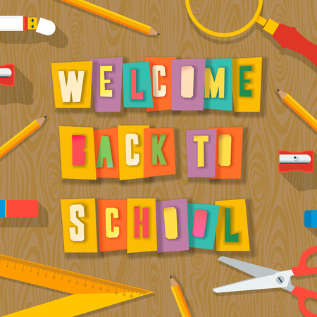 Welcome back to school background with school's supplies. Words cut out by scissors from colorful paper, collage paper craft designのイラスト素材