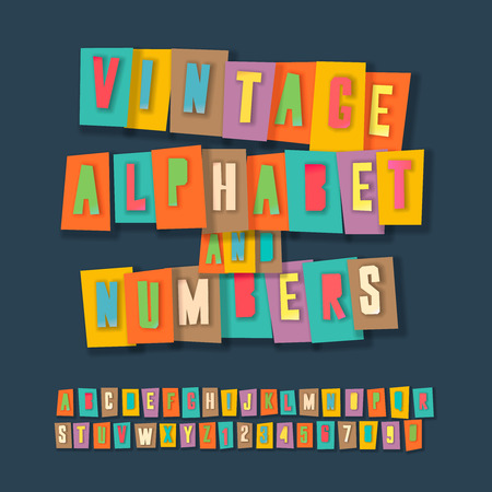 Vintage alphabet and numbers, colorful paper craft design, cut out by scissors from paper.