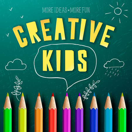 Concept of a creative kids, creative education, colorful pencils and chalk drawing doodles. Vector illustration.のイラスト素材