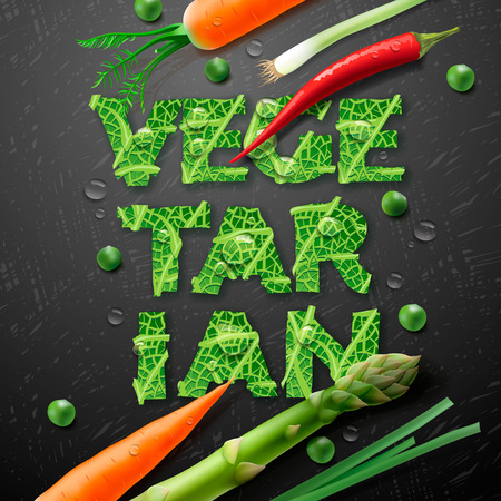 Vegetarian design template, with fresh vegetables carrot, asparagus, beans, pepper, onion and letters made from leaf, vector illustration.のイラスト素材