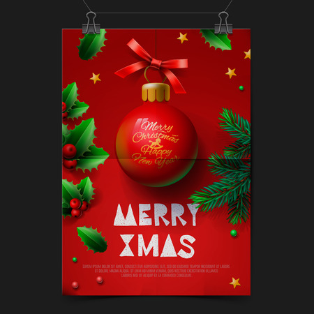Merry Christmas festive greeting card with ball Christmas decoration, vector illustration.のイラスト素材
