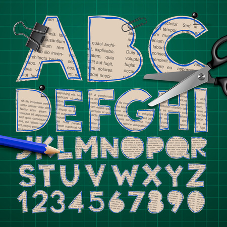 Alphabet and numbers, paper craft design, cut out by scissors from newspaper. Vector illustration.のイラスト素材