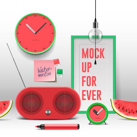 Workspace mock up with red objects, vector illustration.のイラスト素材