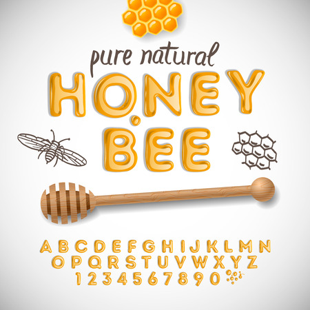 Latin alphabet and numbers made of honey, vector illustration.のイラスト素材