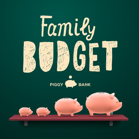 Family budget. Piggy money-boxes on the shelf, vector illustration.のイラスト素材