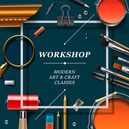 Art workshop template with artist tools, vector illustration.のイラスト素材