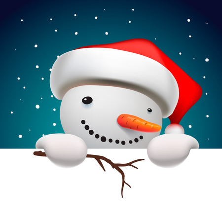 Cute funny snowman holding white page, greeting Christmas card, vector illustration.のイラスト素材