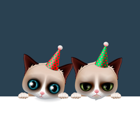 Cute happy birthday card with fun grumpy and siamese cats, hipster design, vector illustration.のイラスト素材