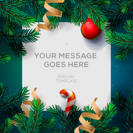 Merry Christmas greeting card with Chrirstmas decor fir twigs and confetti, vector illustration.のイラスト素材