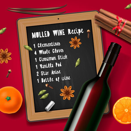 Christmas drink mulled wine bottle of wine and recipeのイラスト素材