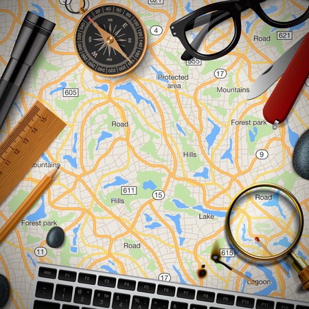 Colourful travel banner with map, keyboard, compass, glasses, ect. Trip plan, top view