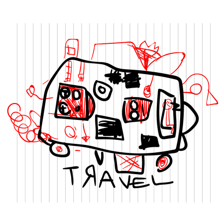 Travel and tourism concept. Cute childrens drawings of kids on notebook pageのイラスト素材