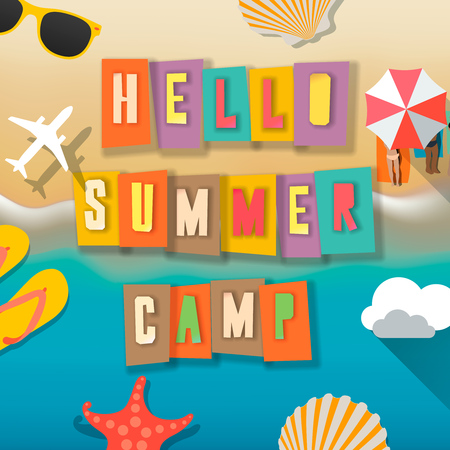 Summer Camp for kids poster, summer children outdoor activities on the beach happy childhood, vector illustration .のイラスト素材