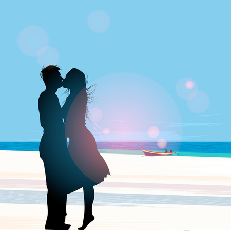 Silhouette of a couple in love kissing against a beach view background, vector illustration.のイラスト素材