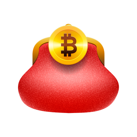 Bitcoin wallet concept icon, golden bitcoin coin red purse, vector illustrationのイラスト素材