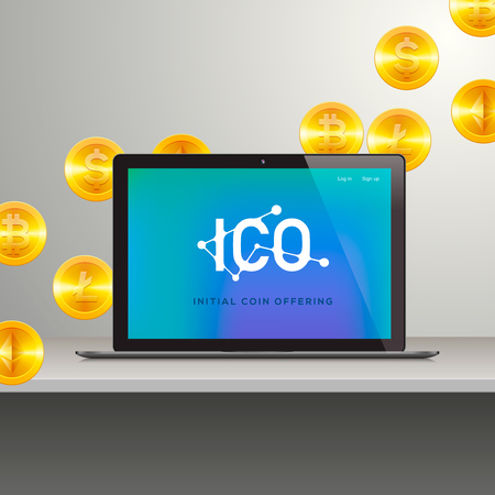 ICO, Laptop with abstract ICO interface on screen. Initial coin offering concept, vector illustartion.のイラスト素材