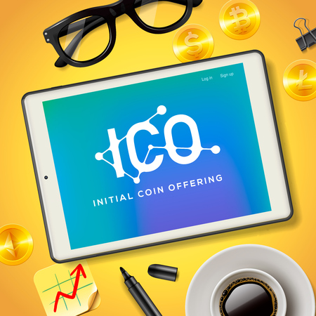 ICO Initial Coin Offering Business Internet Technology Concept on a screen of tablet device, vector illustration.のイラスト素材