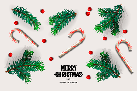 Merry Christmas and Happy New Year design with fir branches, Xmas candy cane, red berries, vector illustrationのイラスト素材