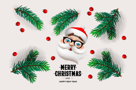 Merry Christmas and Happy New Year design with fir branches, Santa Claus, red berries, vector illustration.のイラスト素材
