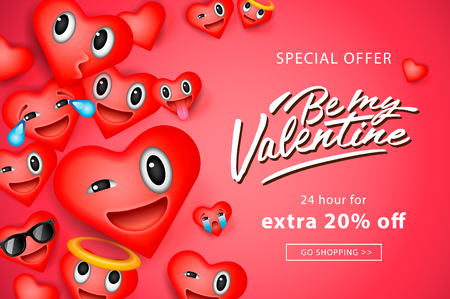 Valentine's day sale background with heart emoticons, emoji smiley faces, vector illustrationのイラスト素材