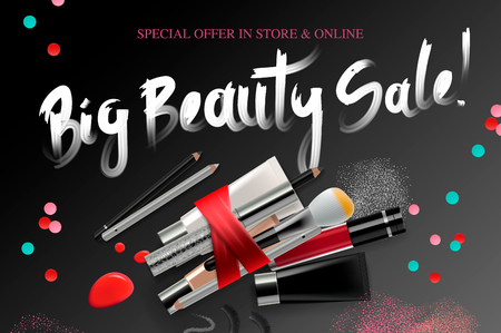 Big Beauty Sale, cosmetics banner for shopping season, makeup, accessories, equipment, beauty, facial fashion Vector illustrationのイラスト素材