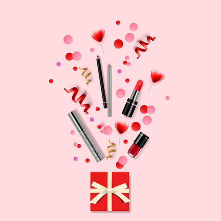 Cosmetics and fashion background with make up artist objects: lipstick, eyelash, nail. Modern design vector illustration concept for website and mobile website development.のイラスト素材