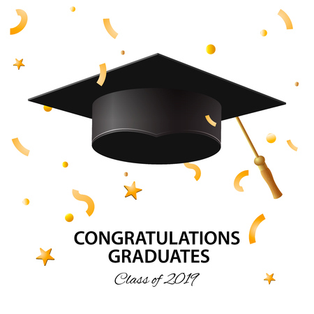 Graduating class of 2019. Poster, party invitation, greeting card in gold colors. Grad poster, vector illustrationのイラスト素材