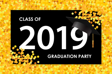 Graduating class of 2019. Poster, party invitation, greeting card in gold colors. Grad poster, vector illustrationのイラスト素材