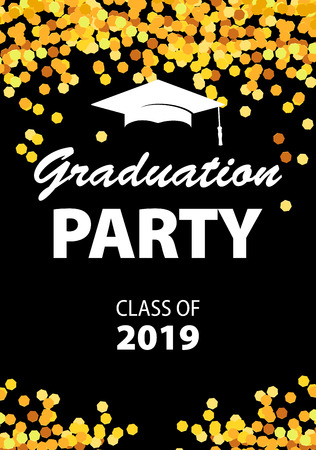 Graduation party invitation card with golden confetti, glitter, graduation cap, and black background, vector illustration.のイラスト素材