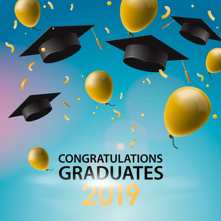 Congratulations Graduates 2019, caps, balloons and confetti on a blue sky background. Caps thrown up. Invitation card with diplomas, vector illustrationのイラスト素材
