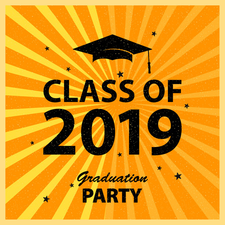 Congratulations Graduates Class of 2019. Greeting Card Background, University Student Award. Congratulatory Ceremony. Party Invitation, vector illustration.のイラスト素材