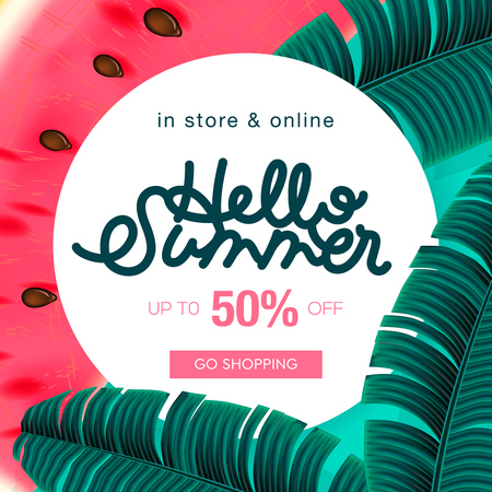 Summer sale background layout banners decorate with tropical leaf and watermelon. voucher discount, vector illustration.のイラスト素材