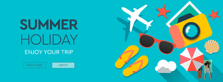 Summer Holiday, traveling template with beach summer accessories, web banner, flat design, vector illustration.のイラスト素材