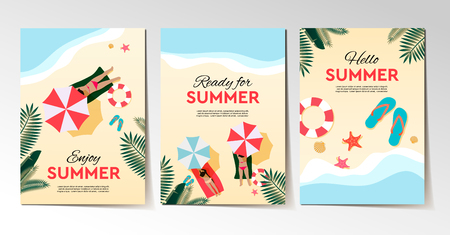 Set of summer holidays and tropical vacation posters or greeting card. Vector flat design.のイラスト素材