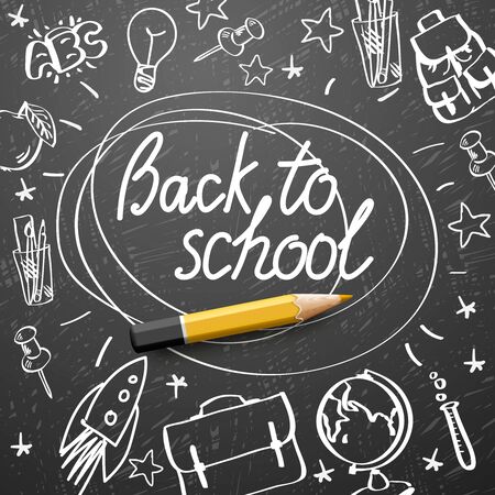 Back to school banner, doodle on chalkboard background, vector illustration.のイラスト素材