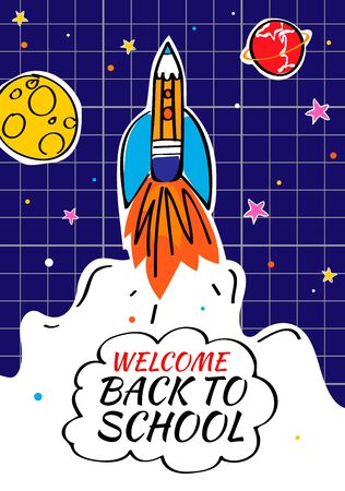 Back to school poster with doodles rocket and space background. Vector illustration for banners invitation banner and website.のイラスト素材
