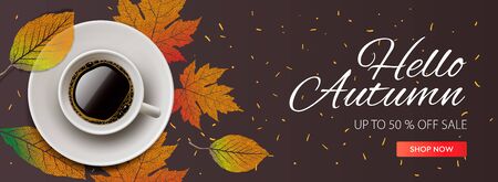 Hello Autumn Sale horizontal banner. Cup of coffee with autumn leaves. vector illustration for web banners invitation poster.のイラスト素材