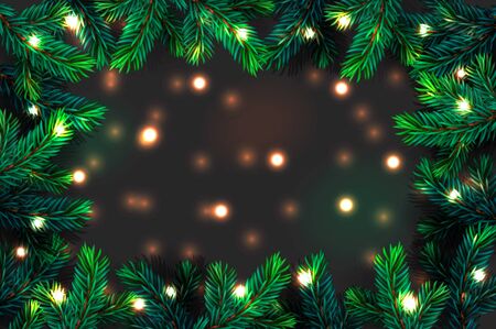 Christmas tree branches background. Festive Xmas border of green branch of pine with sparkling lights garland, vector illustration.のイラスト素材