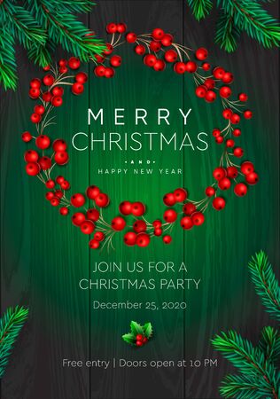 Merry Christmas and Happy New Year poster. Wreath with red berries on green background. Party invitation template, vector illustrationのイラスト素材