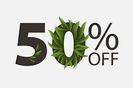 50 percent off lettering with eucalyptus leaves decoration. For Sale discount, Poster Banner Background, Sign and symbol. Natural Eco style. Vector illustrationのイラスト素材