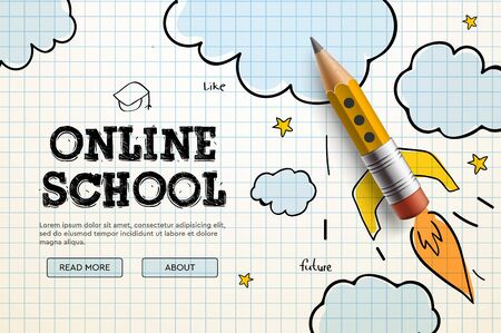 Online School. Digital internet tutorials and courses, online education, e-learning. Web banner template for website, landing page and mobile app development. Doodle style vector illustration.のイラスト素材