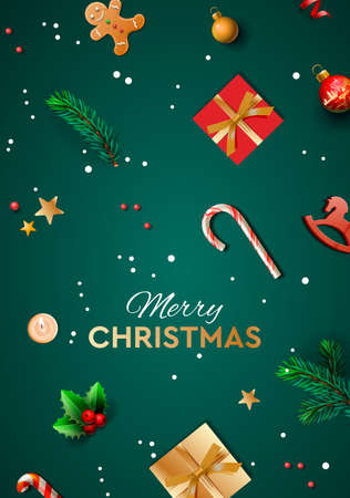 Merry Christmas background design with fir branches, pine cones, red berries, gift boxes, vector illustration.のイラスト素材